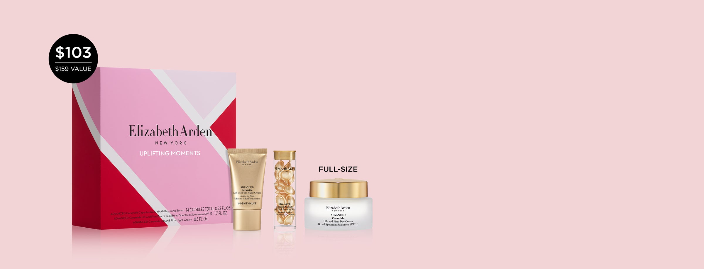 Elizabeth Arden beauty product set with a pink box on a light pink background. Callout for a full-size moisturizer with a callout for $103 price, compared to the $159 value. 