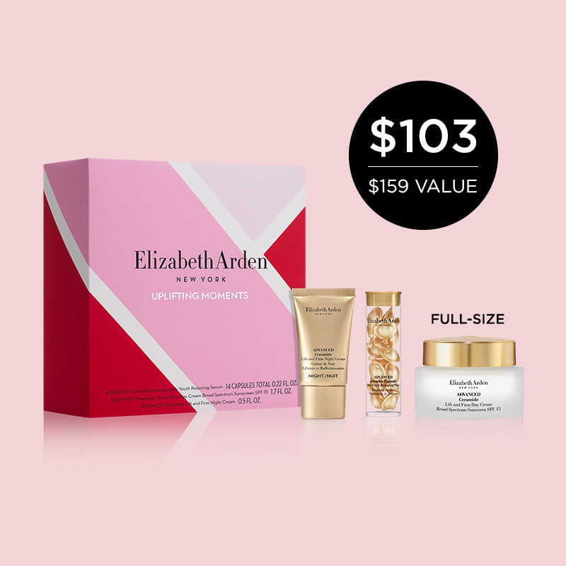 Elizabeth Arden beauty product set with a pink box on a light pink background. Callout for a full-size moisturizer with a callout for $103 price, compared to the $159 value. 