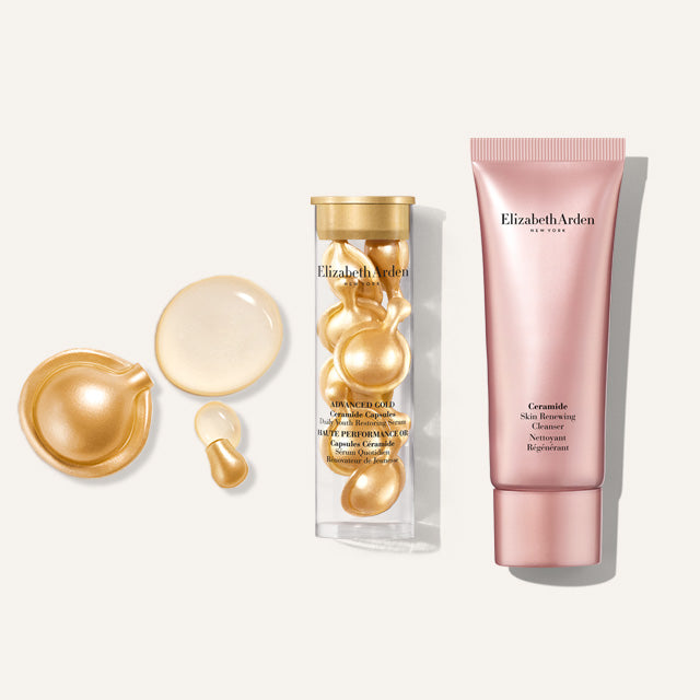Elizabeth Arden free 2-piece gift featuring a mini Advanced Gold Ceramide Capsules Serum with a gold capsules spilling to show liquid texture of the serum and a mini Ceramide Skin Renewing Ceramide Cleanser — displayed on a light beige background.
