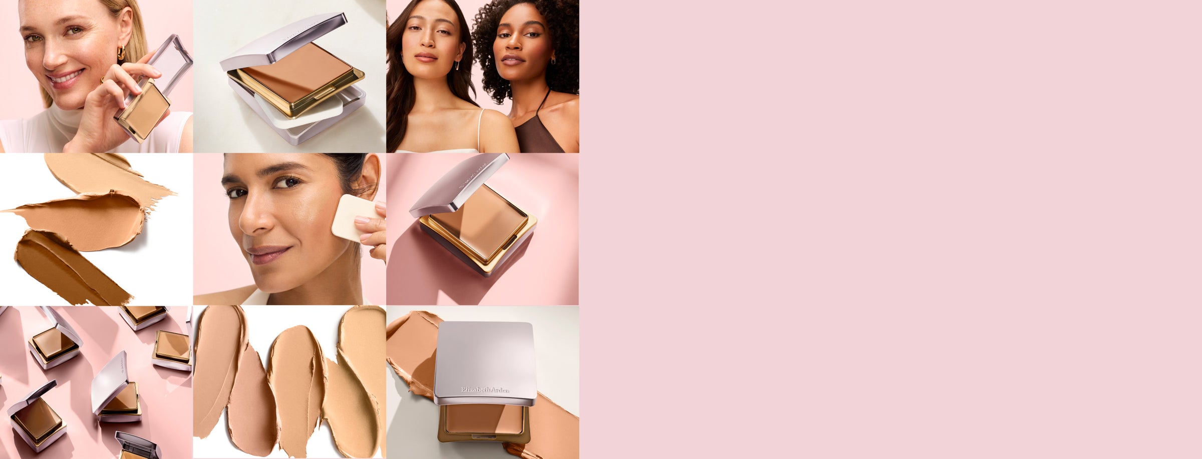 Collage of a woman applying makeup and makeup texture with a pink background