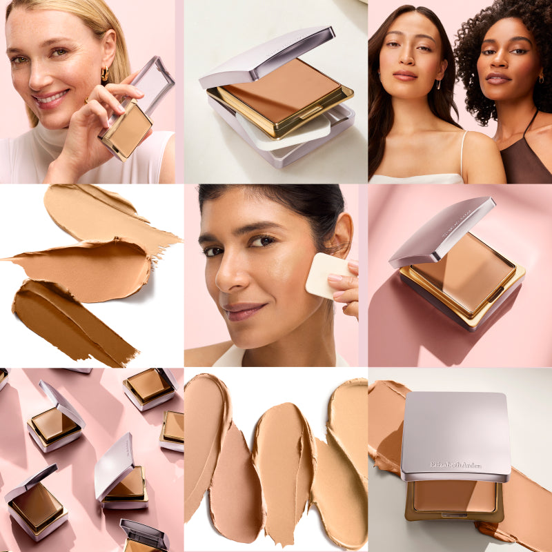 Collage of a woman applying makeup and makeup texture with a pink background