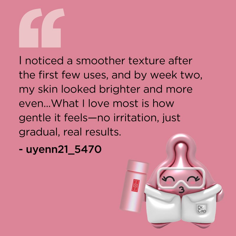Retinol + HPR Ceramide Capsules Cartoon likeness holding product with quote "I noticed a smoother texture after the first few uses, and by week two, my skin looked brighter and more even...What I love most is how gentle it feels—no irritation, just gradual, real results."  - uyenn21_5470