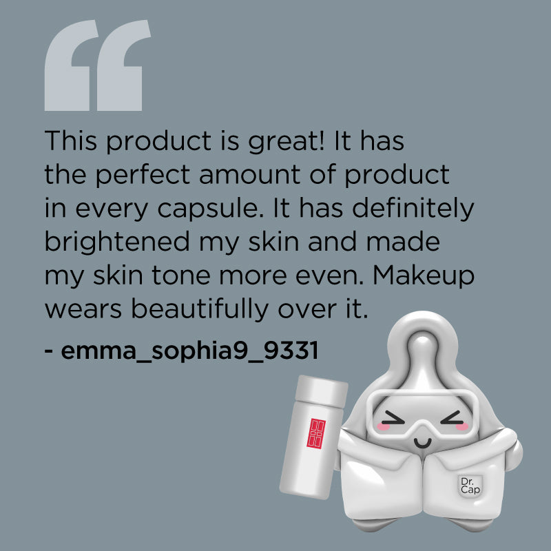Visible Brightening Capsules cartoon likeness holding product with quote "This product is great! It has the perfect amount of product in every capsule. It has definitely brightened my skin and made my skin tone more even. Makeup wears beautifully over it." - emma_sophia9_9331
