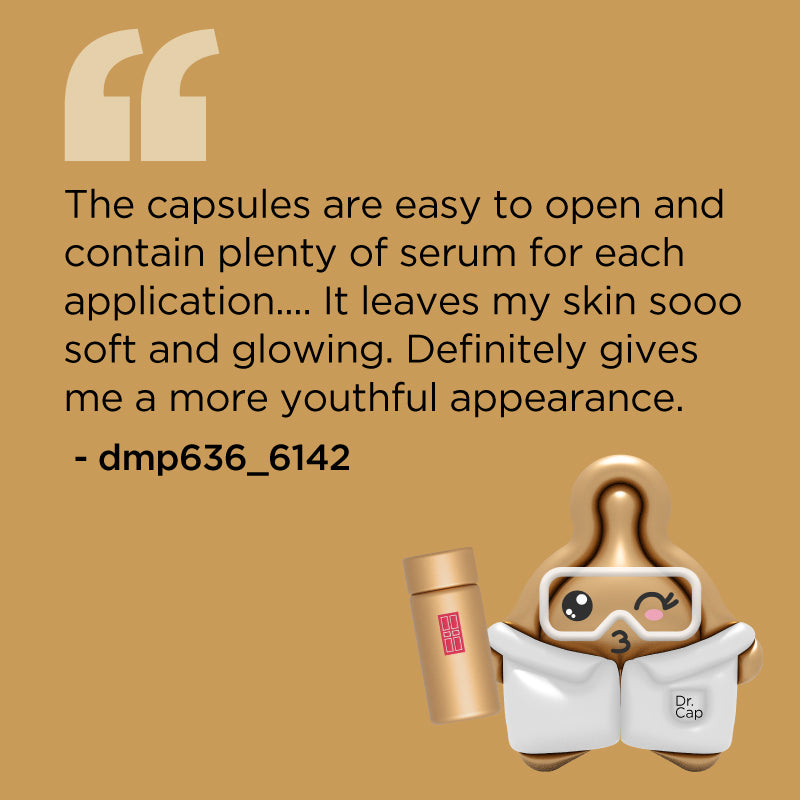 Advanced Daily Youth Ceramide Capsules Cartoon likeness holding product with quote "The capsules are easy to open and contain plenty of serum for each application.... It leaves my skin sooo soft and glowing. Definitely gives me a more youthful appearance." - dmp636_6142