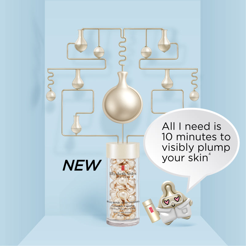 Ivory carton-like serum capsule with quote "All I need is 10 minutes to visibly plump your skin 4" next to Hyaluronic Acid + Peptides Capsules on a light blue background
