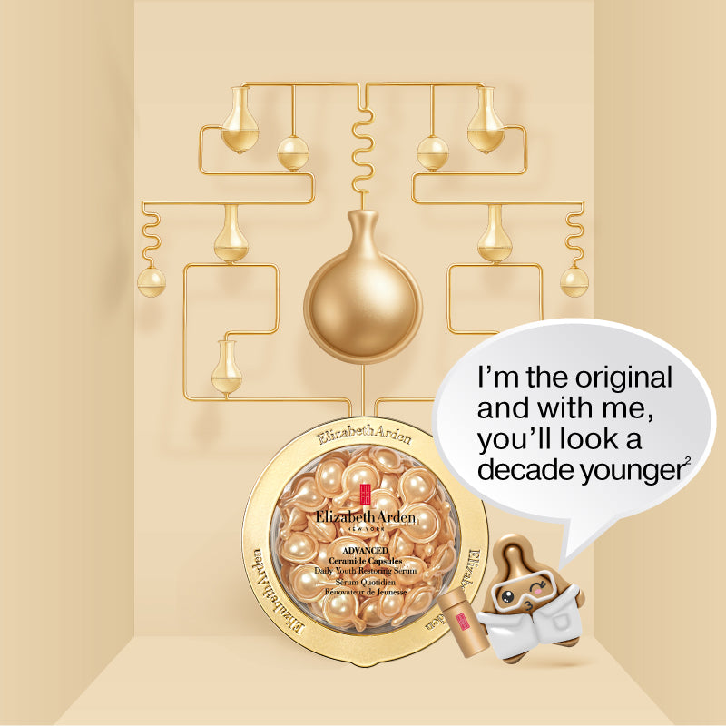 Gold carton-like serum capsule with quote "I'm the original and with me, you'll look a decade younger 2" next to Advanced Daily Youth Capsules on a gold background