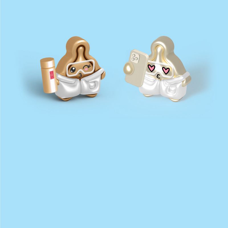 Two cartoon-like serum capsules on a light blue background