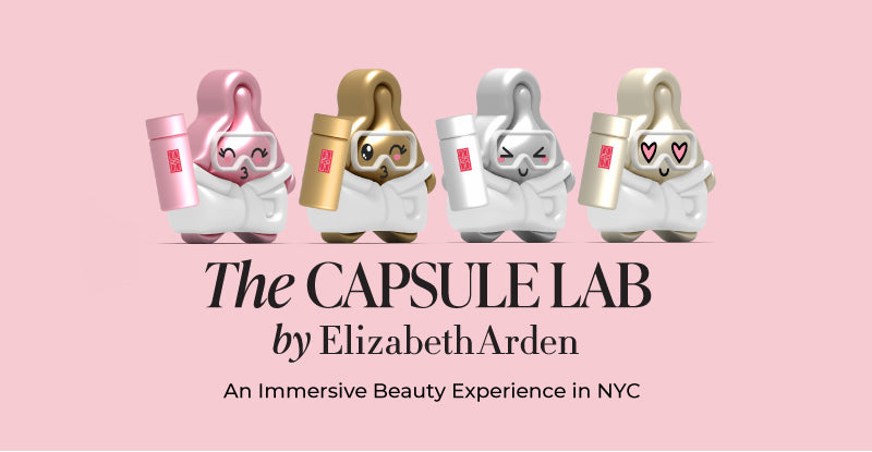  'The Capsule Lab by Elizabeth Arden — on a pink background with 4 cartoon like serum capsules .