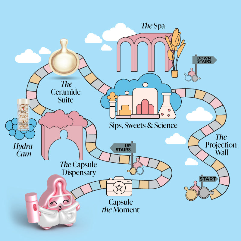 Cartoon-style map of The Capsule Lab experience with various facilities on a blue background