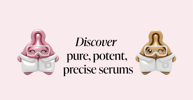 Two cartoon-like serum capsules with a "discover pure, potent, precise serums" text on a pink background