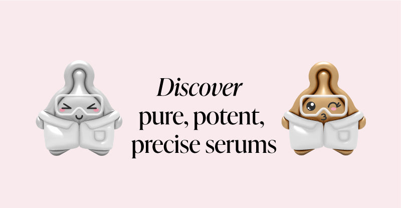 Two cartoon-like serum capsules with a "discover pure, potent, precise serums" text on a pink background