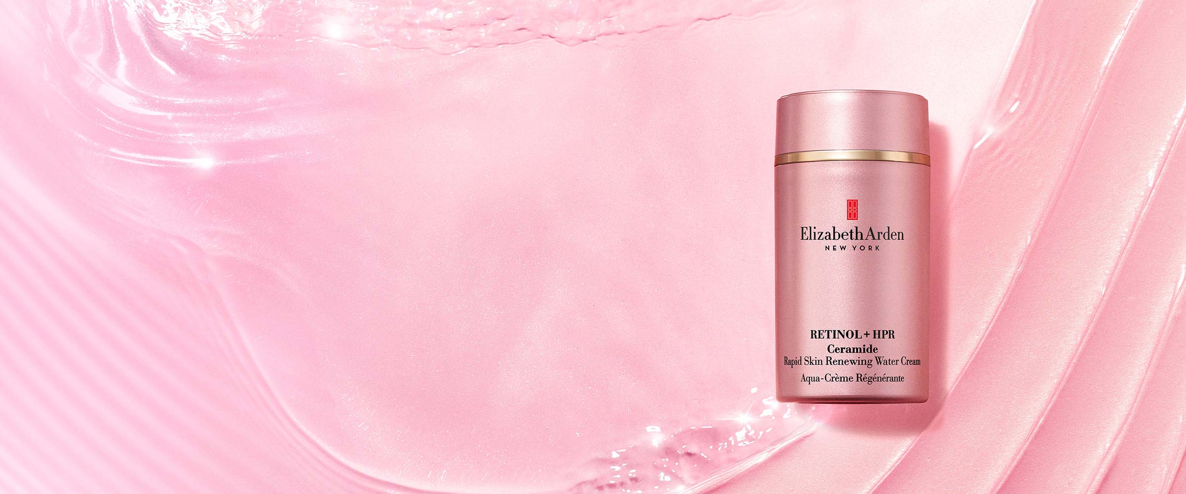 Retinol + HPR Ceramide Water Cream on a pink cream texured background