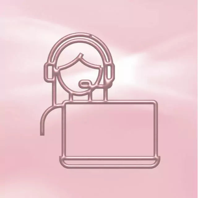 Outline of a person wearing a headset with a laptop on a pink gradient background