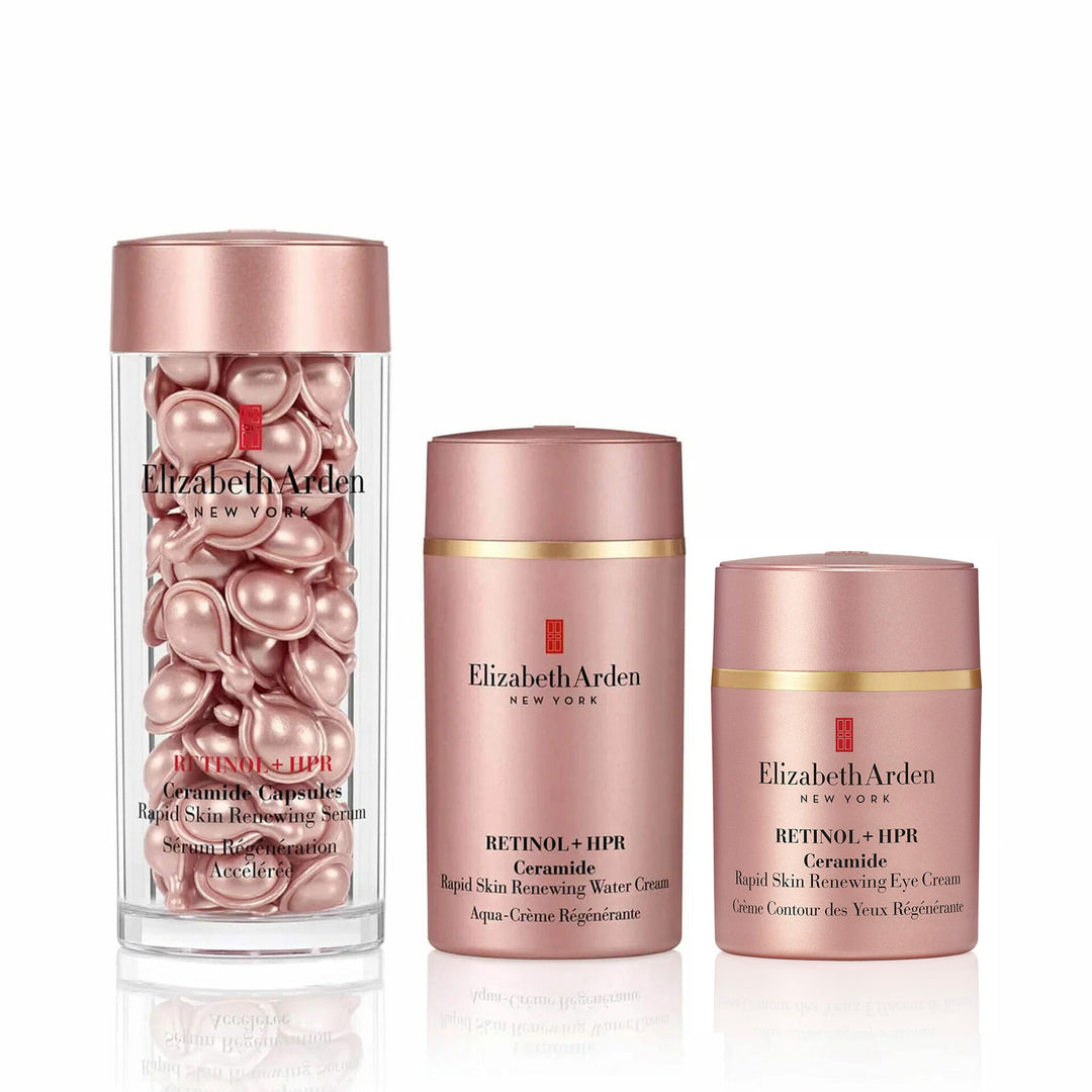 Retinol + HPR Ceramide Capsules 60-Piece, Retinol + HPR Ceramide Rapid Skin Renewing Water Cream and Retinol + HPR Ceramide Rapid Skin Renewing Eye Cream.