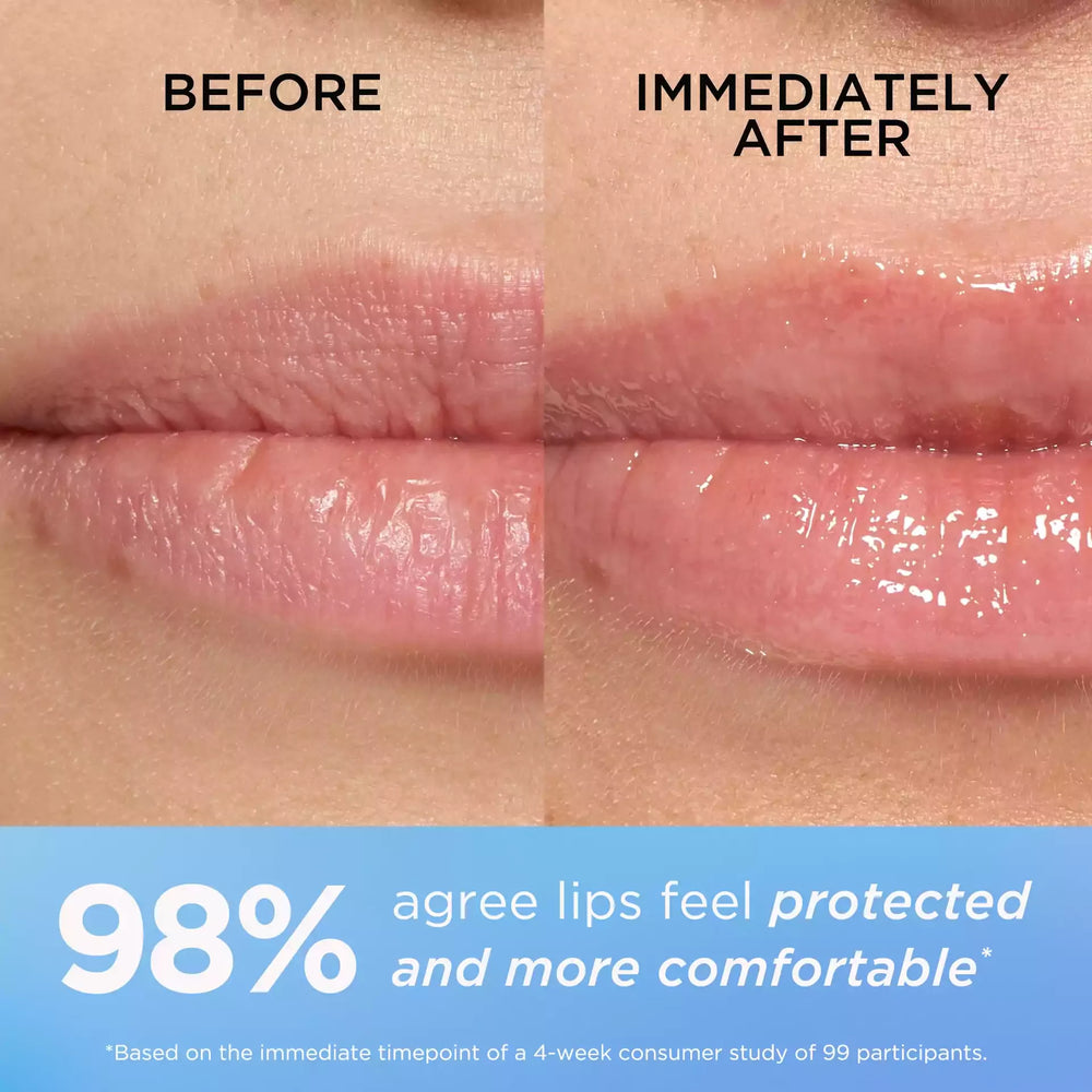 Before and immediately after. 98% agree lips feel protected and more comfortable* *Based on the immediate timepoint of a 4-week consumer study of 99 participants