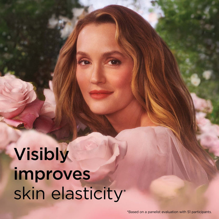 Leighton Meester as the model with florals surrounding her. Visibly improves skin elasticity* *Based on a panelist evaluation with 51 participants.