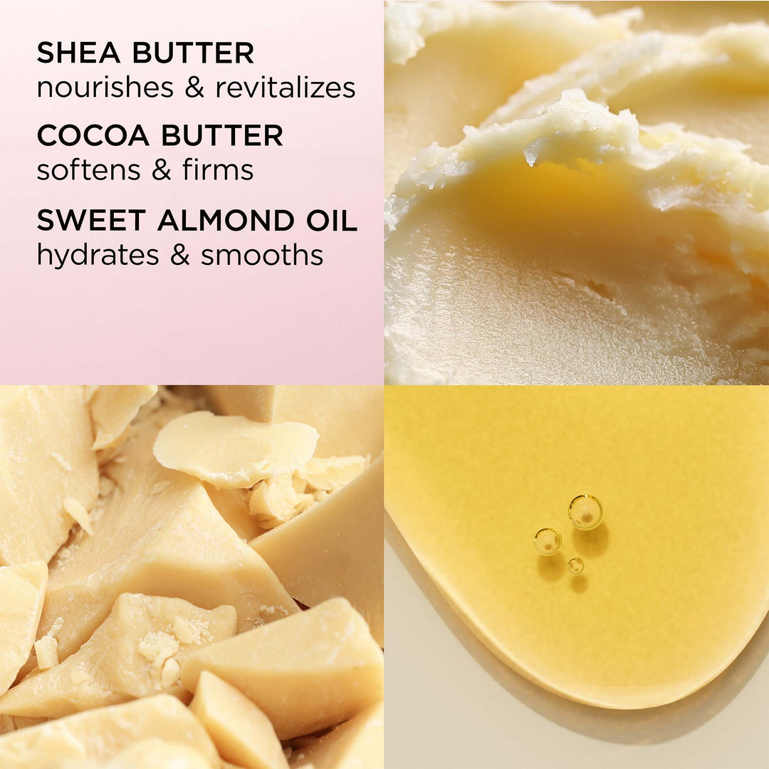 Key ingredients includes shea butter that nourishes and revitalizes, cocoa butter that softens and firms and sweet almond oil that hydrates and smooths.