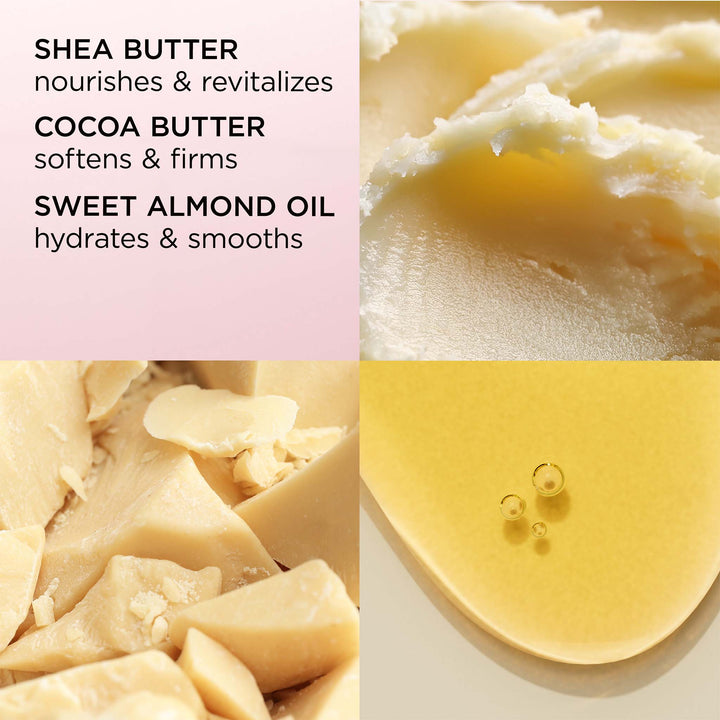 Key ingredients includes shea butter that nourishes and revitalizes, cocoa butter that softens and firms and sweet almond oil that hydrates and smooths.