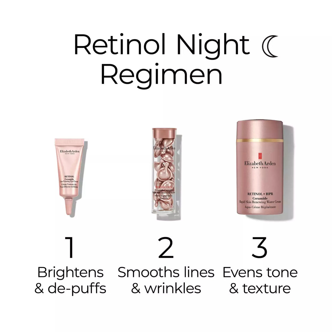 Retinol Night Regimen. Step 1, use Retinol Eye Cream to bright and depuff. Step 2, use Retinol Ceramide Capsules to smooths lines and wrinkles. Step 3, use Retinol HPR Water Cream to even tone and texture. 