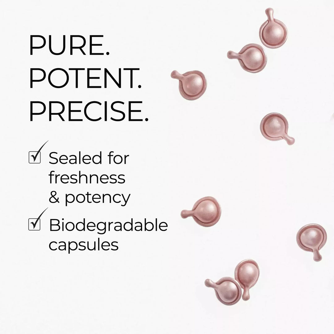 Retinol + HPR Ceramide Capsules are pure, potent and precise. Sealed for freshness and potency. Biodegradable capsules.