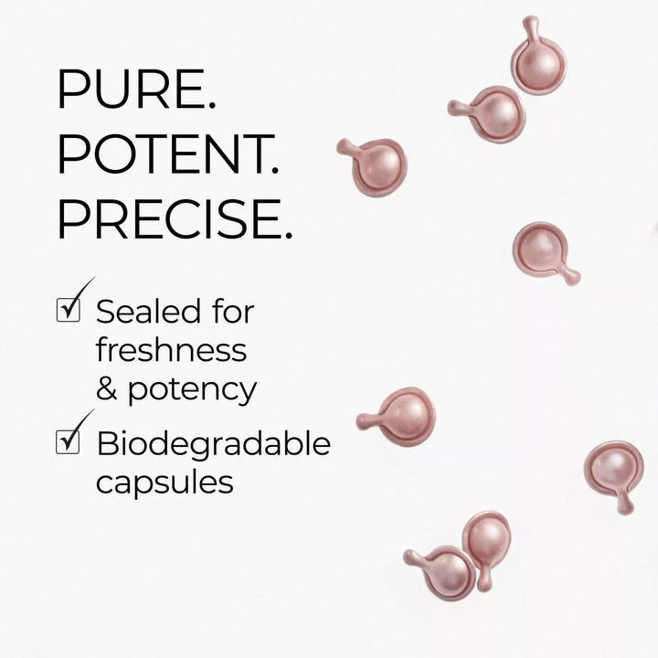 Retinol + HPR Ceramide Capsules are pure, potent and precise. Sealed for freshness and potency. Biodegradable capsules.