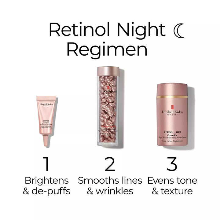 Retinol Night Regimen. Step 1, brighten and depuff eyes with Retinol Eye Cream. Step 2, smooth lines and wrinkles with Retinol HPR Capsules. Step 3, even tone and texture with Retinol HPR Water Cream.