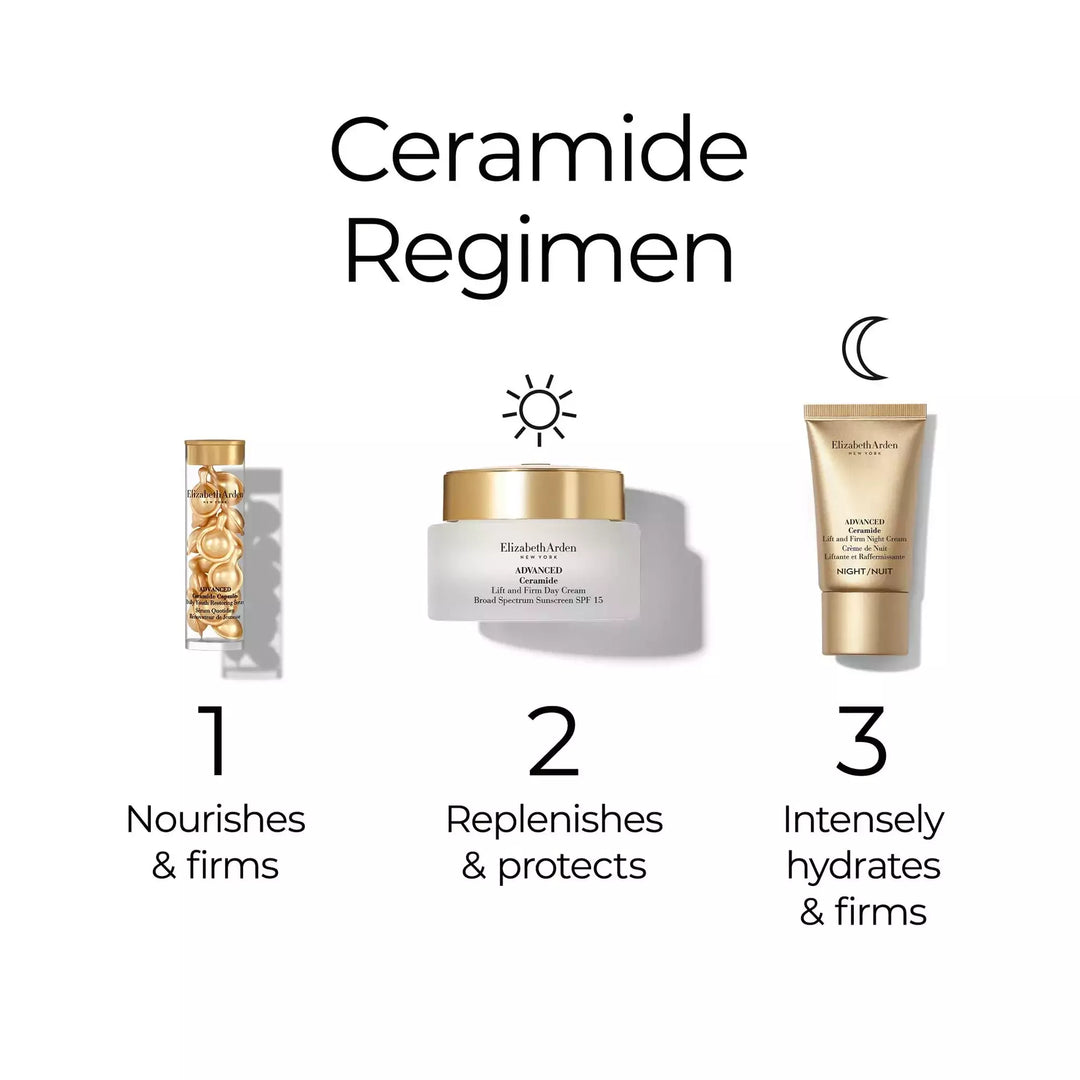 Ceramide Regimen. Step 1, twist, squeeze and apply the Advanced Ceramide Capsules to nourish and firm. Step 2, apply Advanced Ceramide Lift and Firm Day Cream SPF15 to replenish and protect in the daytime. Step 3, apply Advanced Ceramide Lift and Firm Night Cream to intensely hydrate and firm in the night time.