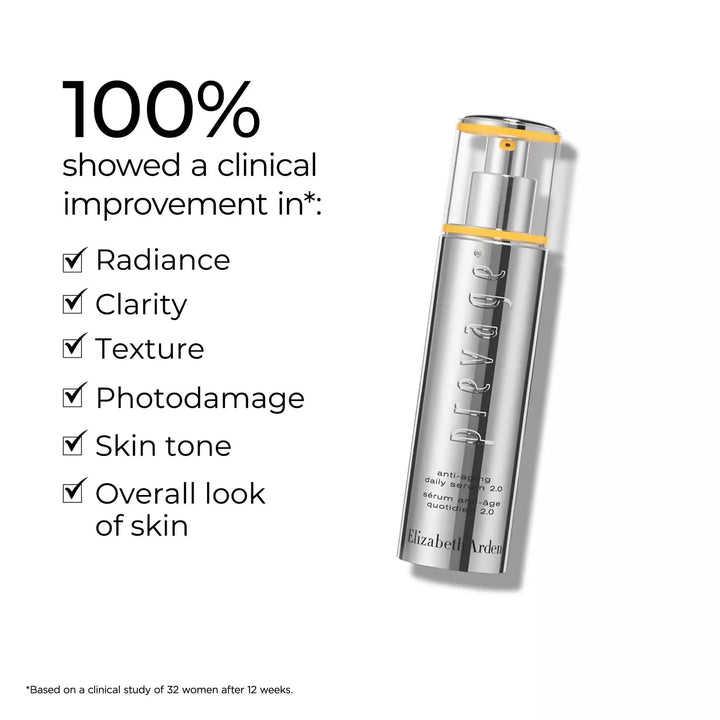 Prevage Daily Serum 2.0- 100% showed a clinical improvement in*: radiance, clarity, texture, photodamage, skin tone and overall look of skin. *Based on a clinical study of 32 women after 12 weeks.