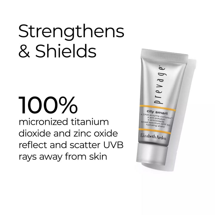 Prevage City Smart Hydrating Shield SPF 50 strengthens and shields. 100% micronized titanium dioxide and zinc oxide reflect and scatter UVB rays away from skin.