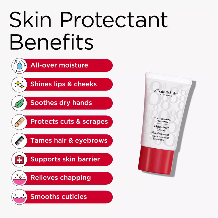 8 Skin Protectant Benefits includes all-over moisture, shines lips and cheeks, soothes dry hands, protects cuts and scrapes, tames hair and eyebrows, supports skin barrier, relieves chapping and smooths cuticles