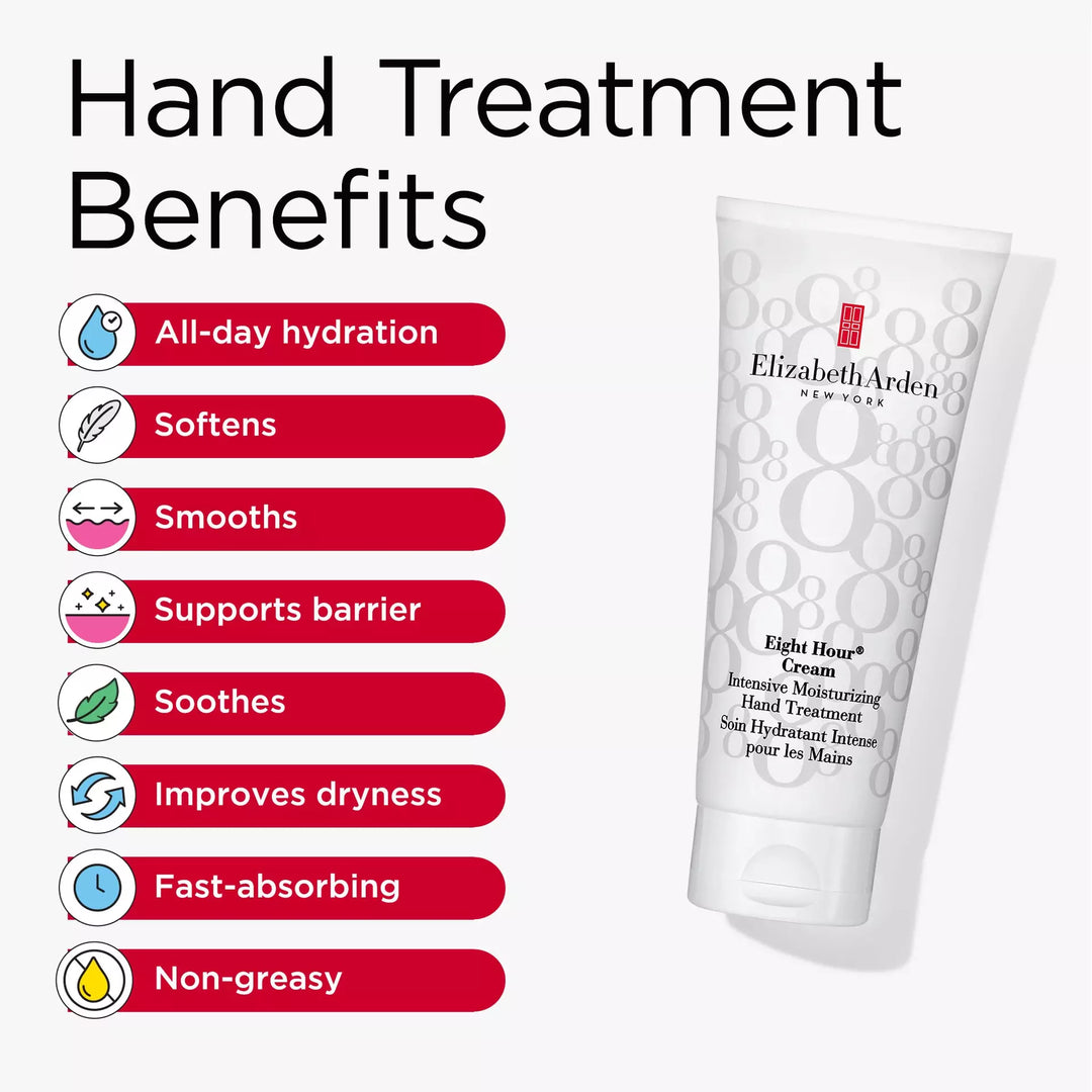 Eight Hand Treatment Benefits includes all-day hydration, softens, smooths, supports barrier, soothes, improves dryness, fast-absorbing and non-greasy