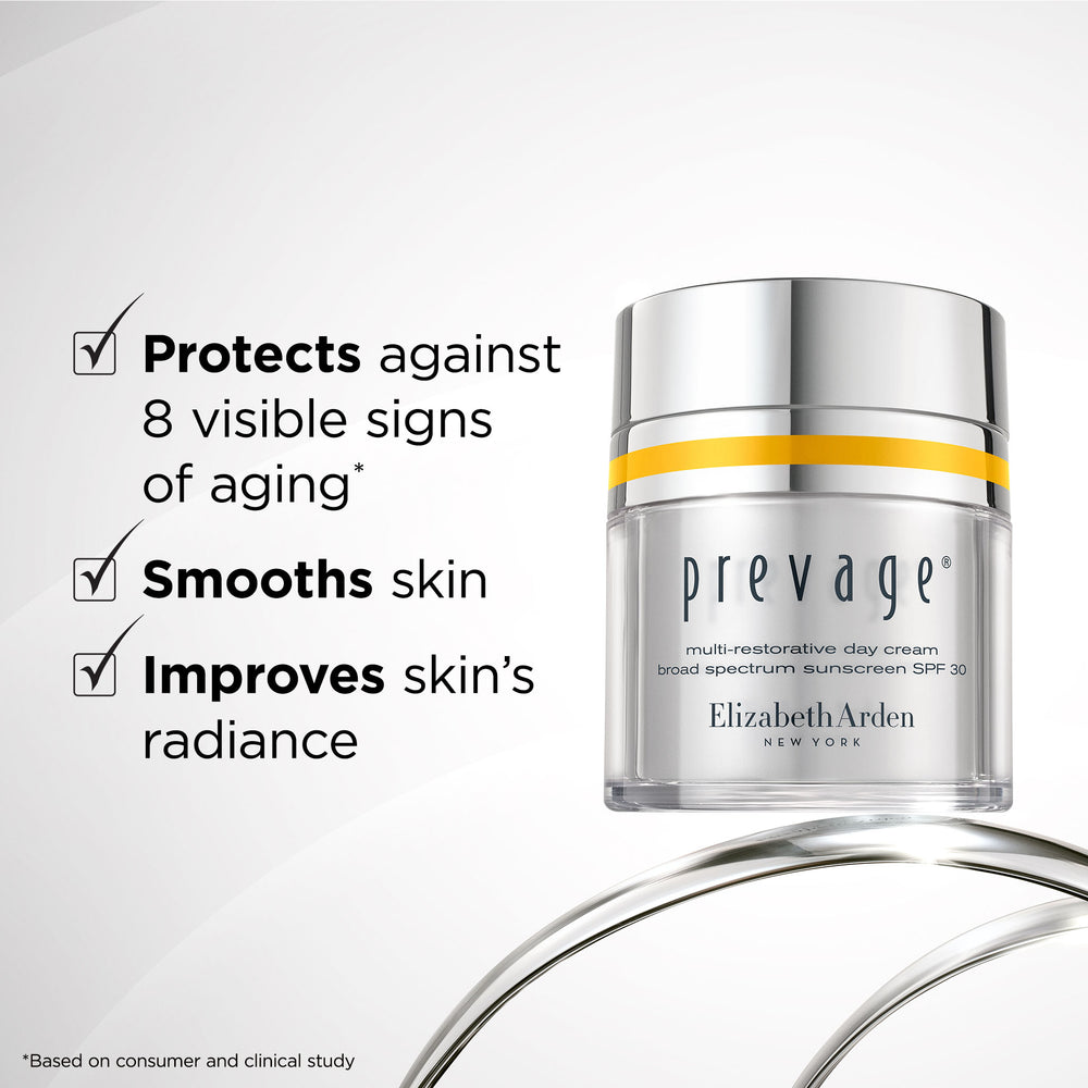 Prevage® Multi-Restorative Day Cream Broad Spectrum Sunscreen SPF 30 protects against 8 visible signs of aging*, smooths skin, and improves skin's radiance. *Based on a consumer and clinical study