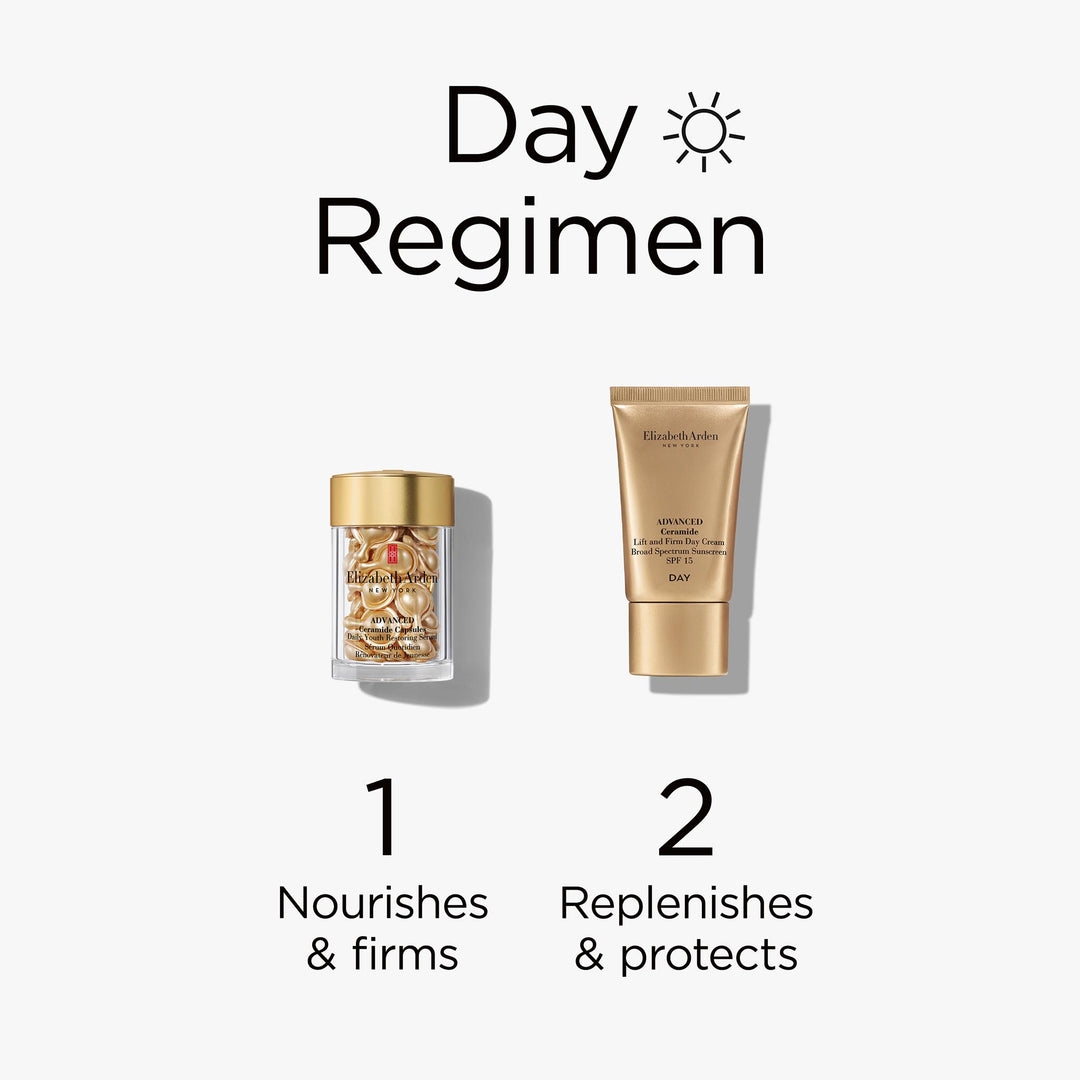 Day Regimen. Step 1, use Advanced Ceramide Capsules to nourish and firm. Step 2, use Advanced Ceramide Day Cream to replenish and protect