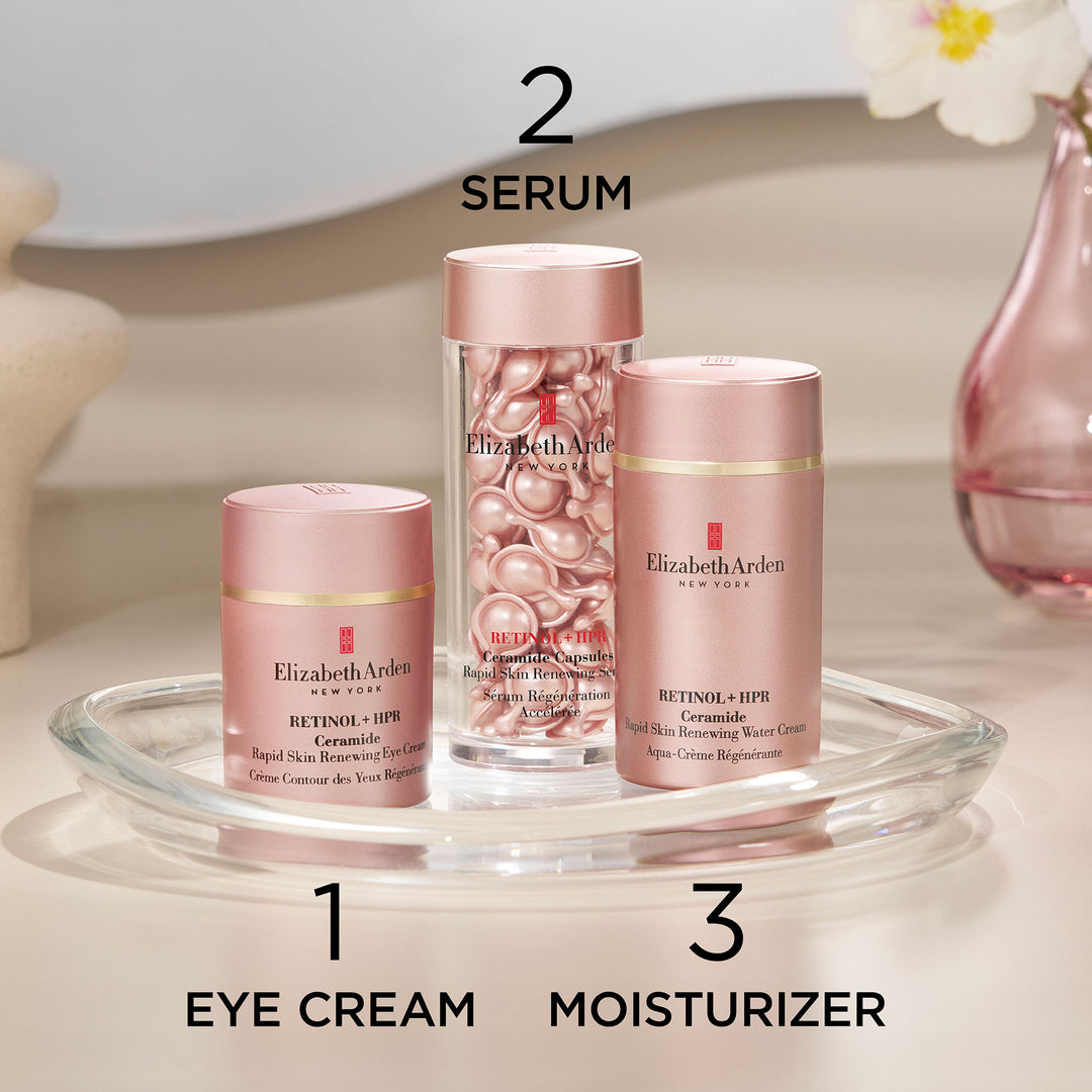 Skincare Regimen: Step 1, Use the Retinol + HPR Eye Cream, Step 2, Use the Retinol + HPR Ceramide Capsules. Step 3, Use the Retinol + HPR Ceramide Water Cream