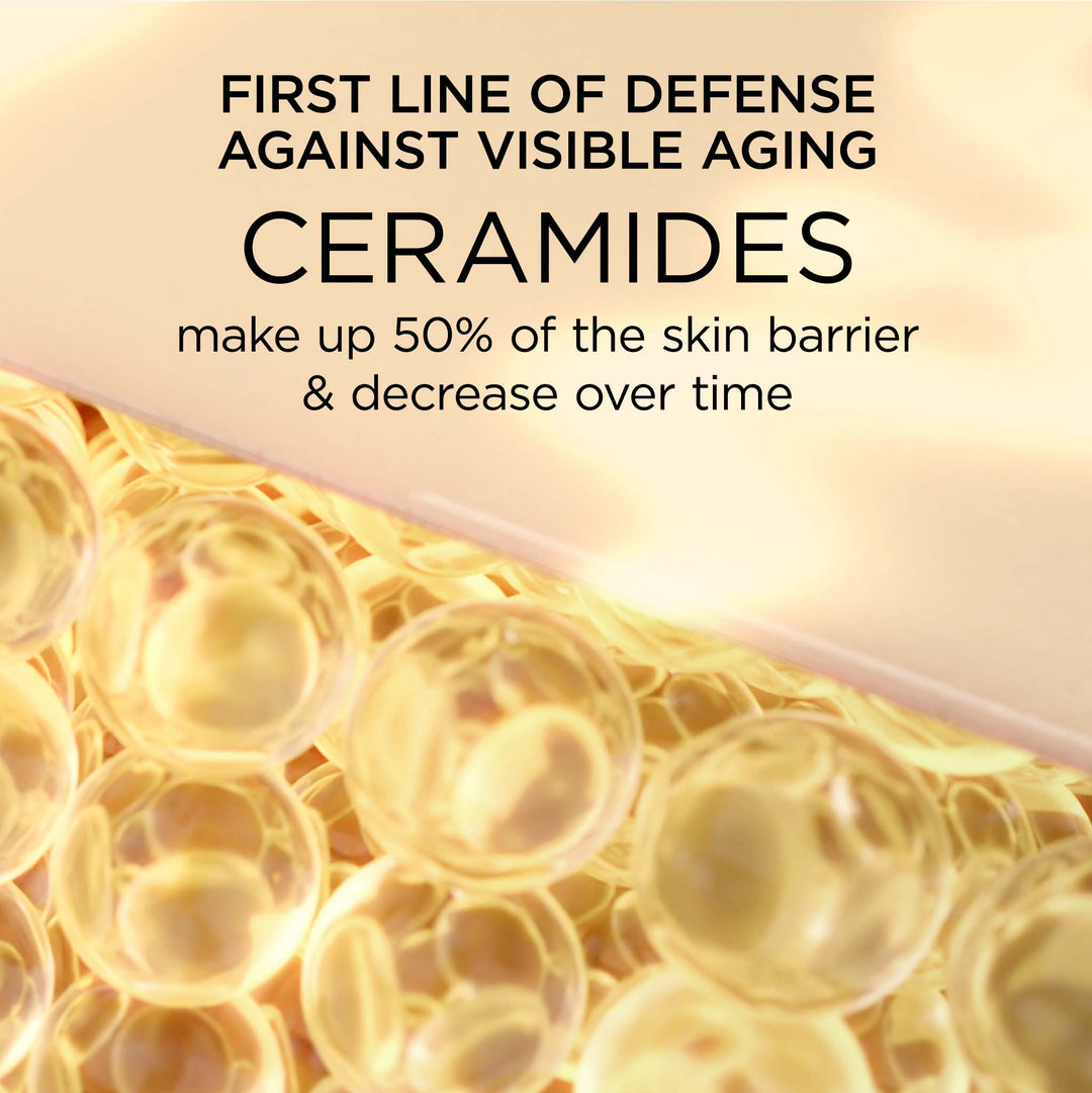 First line of defense against visible aging are Ceramides, which make up 50% of the skin barrier and decreases over time