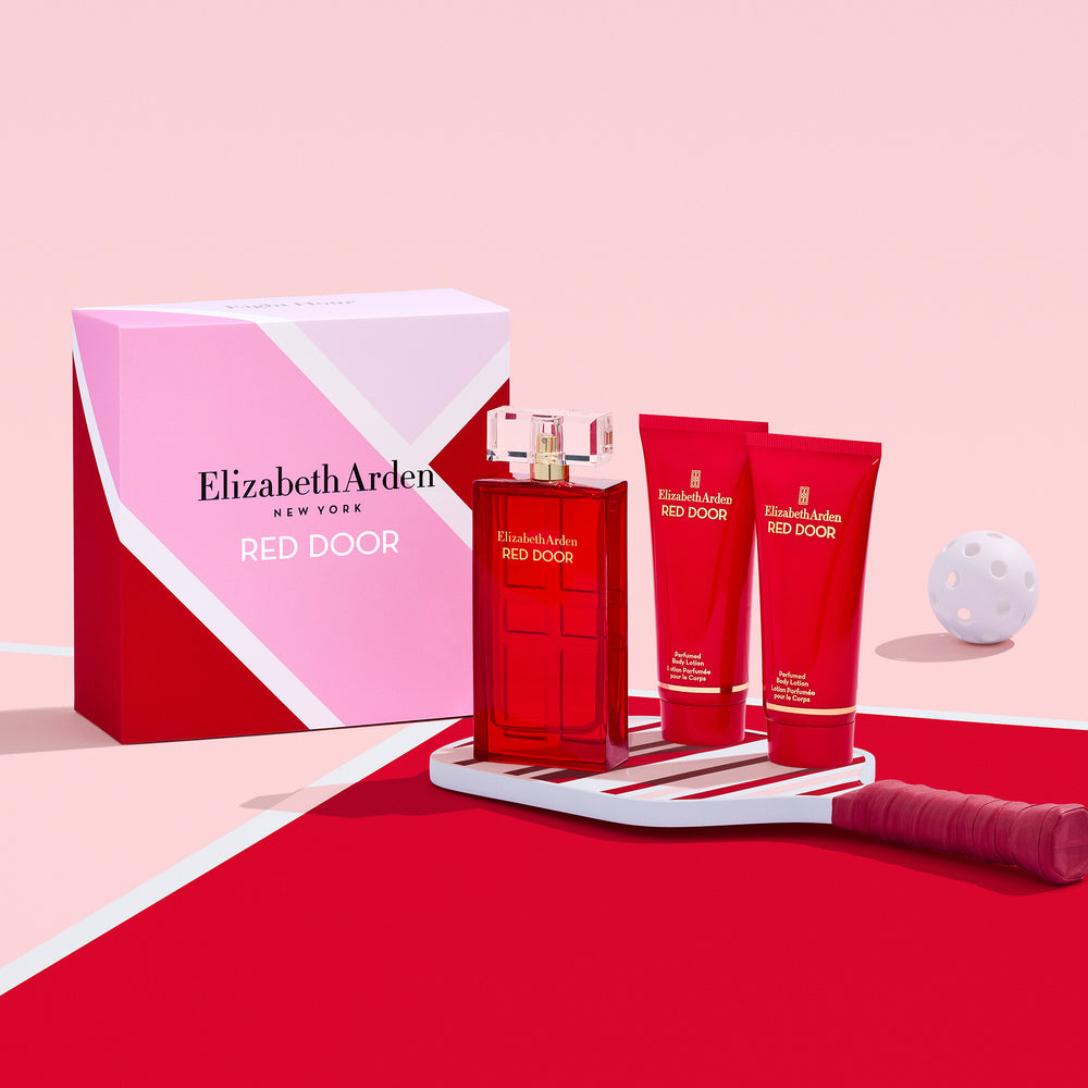 Red Door 3.3 oz Eau De Toilette 3-Piece Set with pickleball background