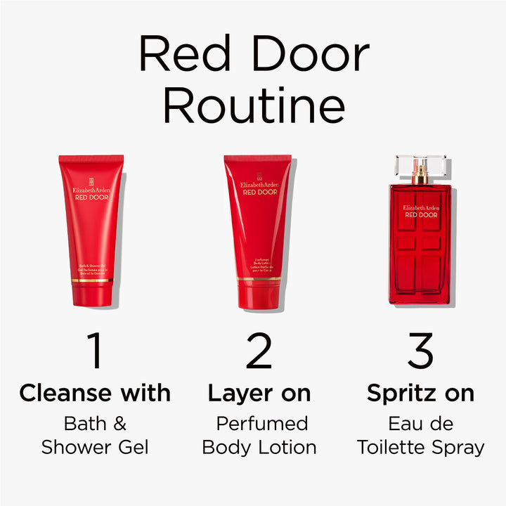 Red Door Routine. Step 1 Cleanse with Bath and Shower Gel. Step 2 Layer on perfumed Body Lotion. Step 3 Spritz on Eau de toilette spray.