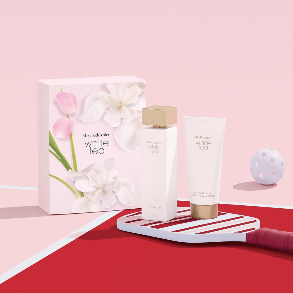White Tea 2-Piece Eau De Parfum 3.3oz Set with a pickleball theme lifestyle shot