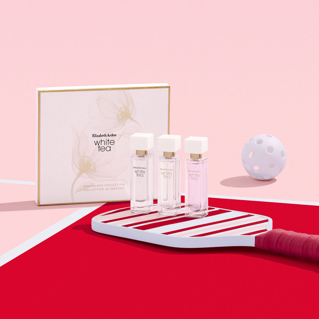 White Tea Fragrance Collection Mini Coffret with pickleball background