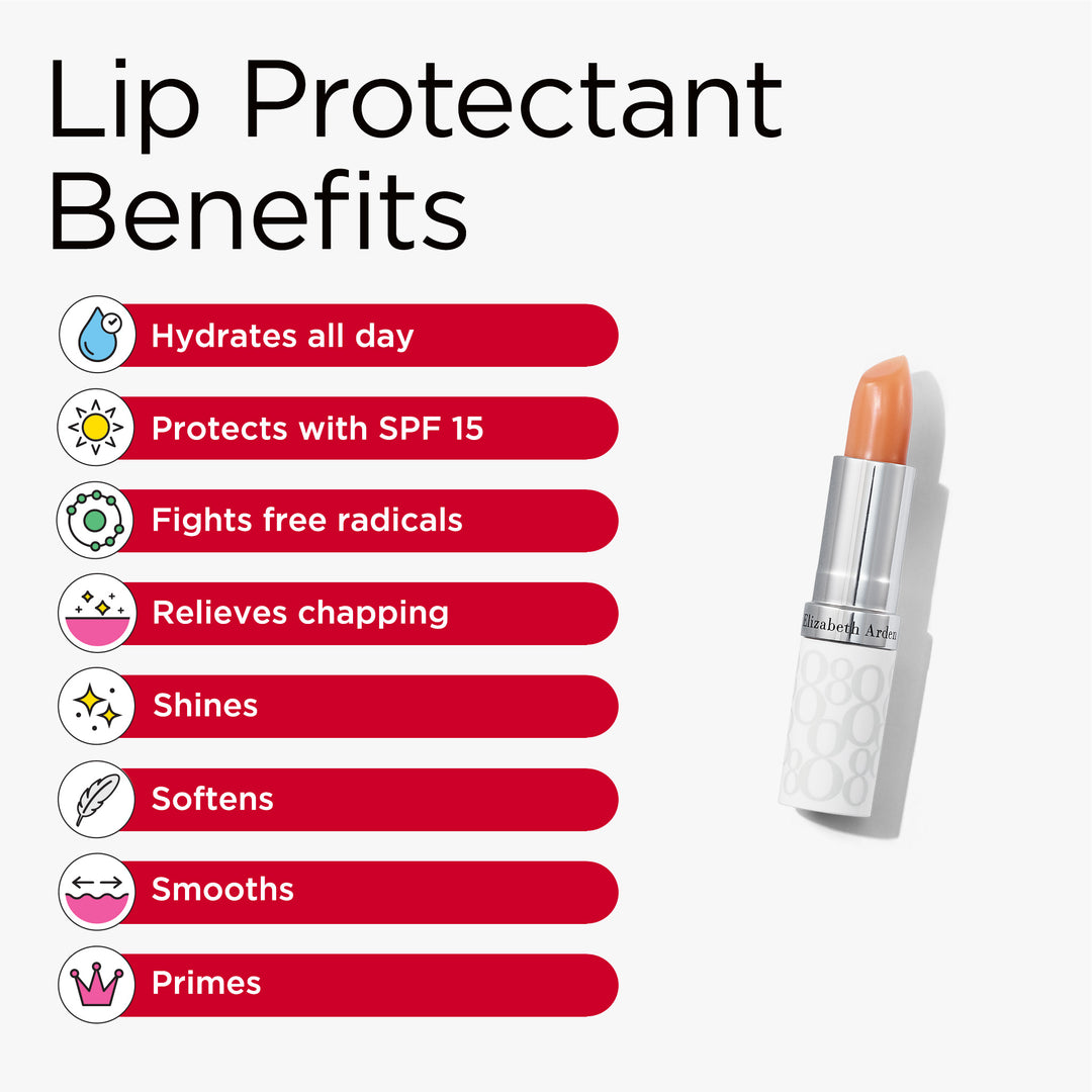 Lip Protectant benefits includes hydrates all day, protects with SPF 15, fights free radicals, relieves chapping, shines, softens, smooths and primes.