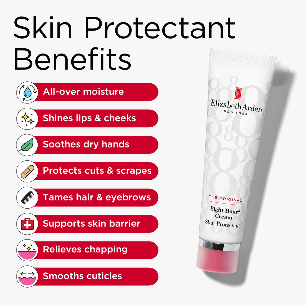 Skin Protectant Benefits includes all-over moisture, shines lips and cheeks, soothes dry hands, protects cuts and scrapes, tames hair and eyebrows, supports skin barrier, relieves chapping and smooths cuticles.