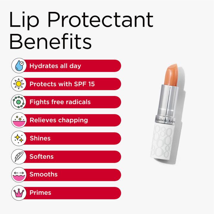 Lip Protectant Benefits includes hydrates all day, protects with SPF15, fights free radicals, relieves chapping, shines, softens, smooths and primes.