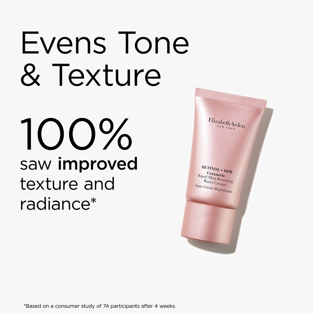 Retinol HPR Water Cream evens tone and texture. 100% saw improved texture and radiance* *Based on a consumer study of 74 participants after 4 weeks.