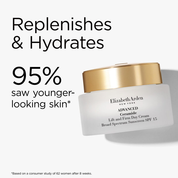 Advanced Ceramide Lift and Firm Day Cream SPF15 replenishes and hydrates. 95% saw younger-looking skin* *Based on a consumer study of 62 women after 8 weeks. 