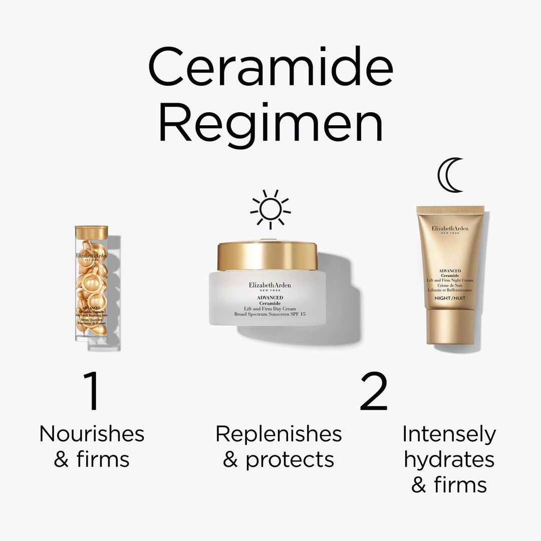 Ceramide regimen. Step 1 Use Advanced Ceramide Capsules to nourish and firm. Step 2 Use Advanced Day Cream to replenish and protect in the day time or use Advanced Ceramide Night Cream to intensely hydrate and firm in the night time.