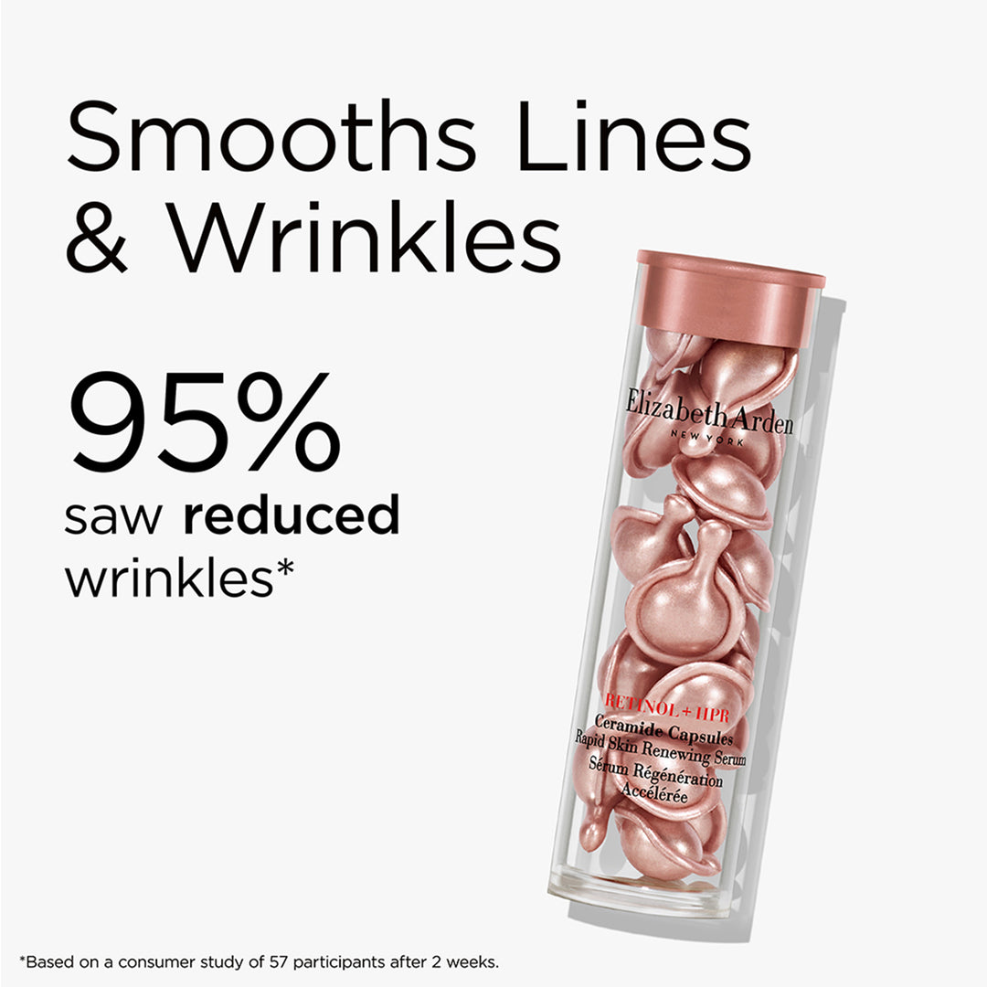 Elizabeth Arden Retinol + HPR Ceramide Capsules in a clear cylindrical container with a metallic rose gold cap, shown on a light gray background. Retinol + HPR Ceramide Capsules smooths lines and wrinkles. 95% saw reduced wrinkles* *Based on a consumer study of 57 participants after 2 weeks.