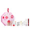 Pink octagonal Elizabeth Arden advent calendar box with numbered doors and a red ribbon, with its 12 products lined up in front
