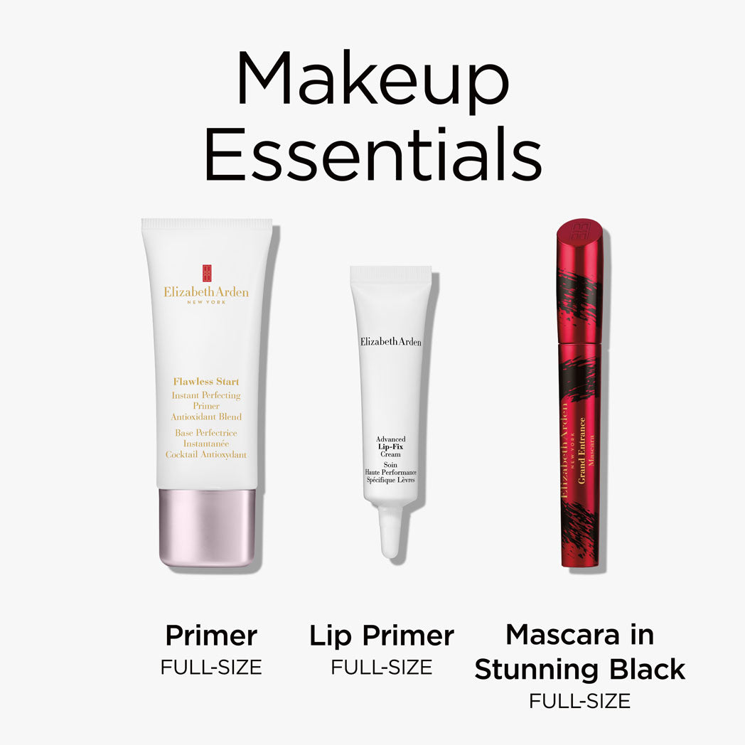 Makeup Essentials include full sized primer, full sized lip primer and full size grand entrance mascara in stunning black. 
