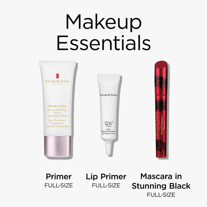 Makeup Essentials include full sized primer, full sized lip primer and full size grand entrance mascara in stunning black. 