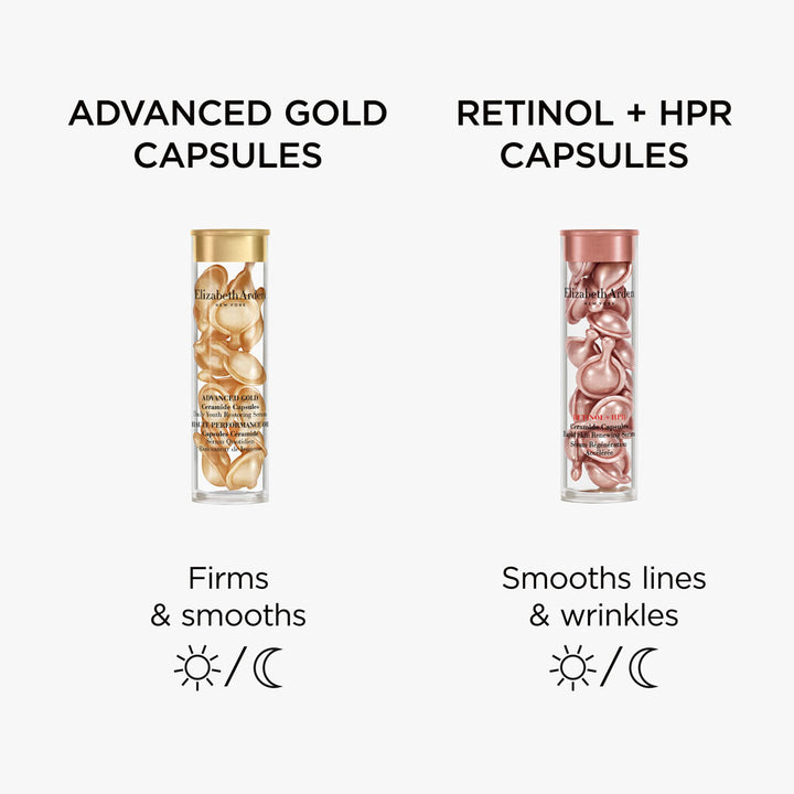 Two clear capsule jars side by side: gold Advanced Gold Ceramide Capsules and rose-gold Retinol + HPR Ceramide Capsules
